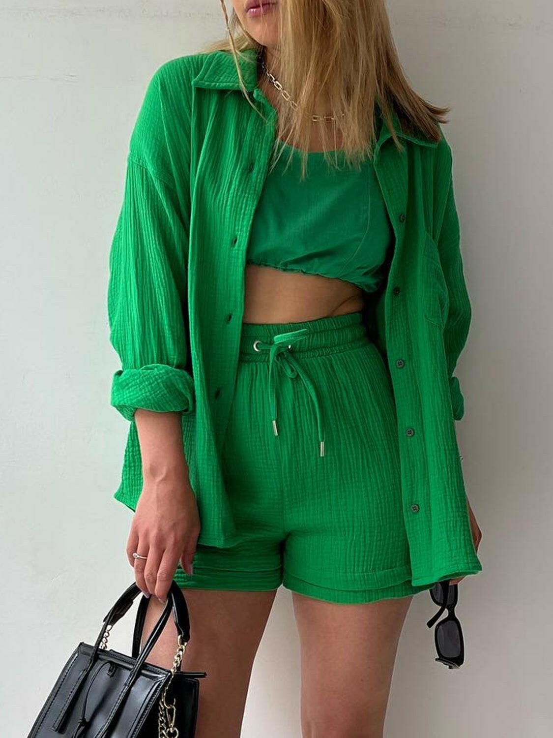 Kinsley Texture Button-Up Shirt and Drawstring Shorts Set-Krush Kandy, Women's Online Fashion Boutique Located in Phoenix, Arizona (Scottsdale Area)