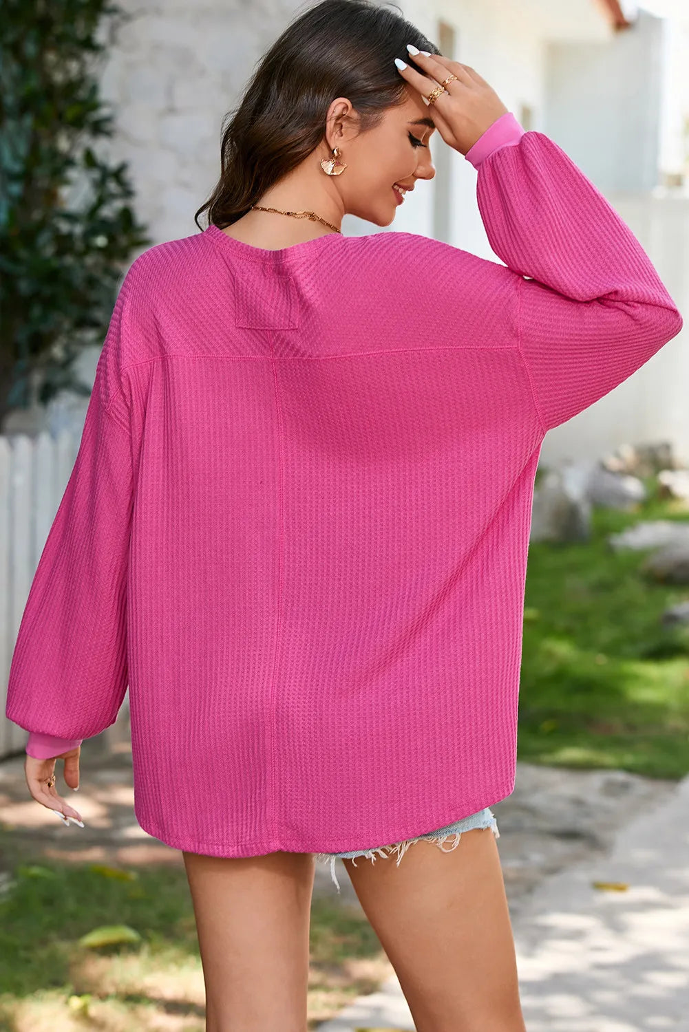 Waffle-Knit V-Neck Long Sleeve Top-Long Sleeve Tops-Krush Kandy, Women's Online Fashion Boutique Located in Phoenix, Arizona (Scottsdale Area)