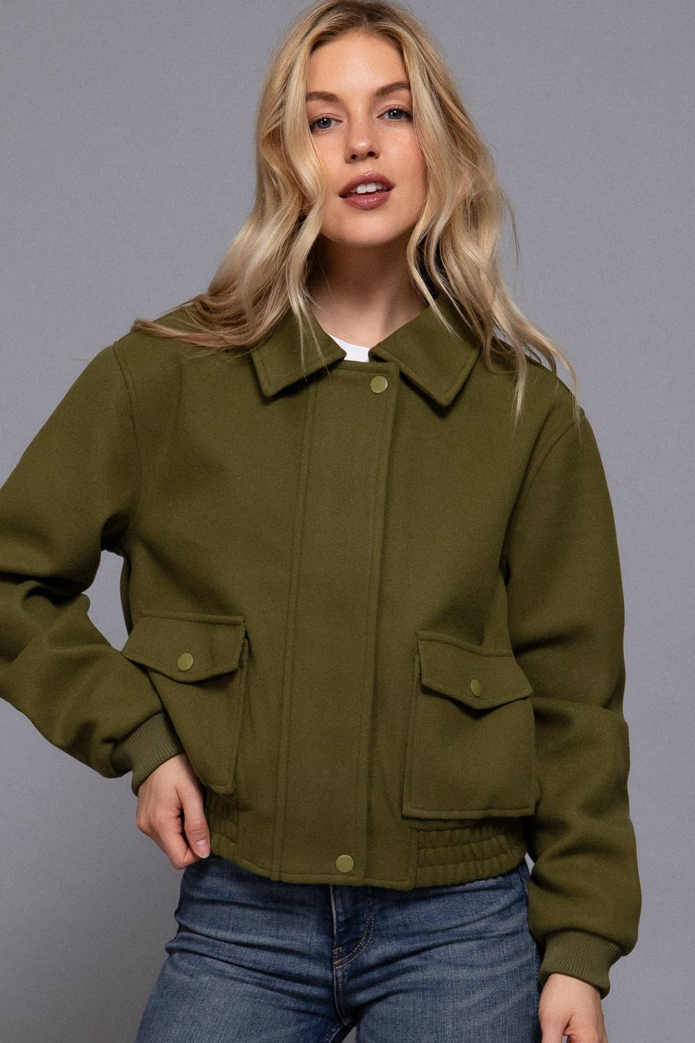 Long Sleeve Lapel Collar Soft Felt Bomber Jacket-Jackets-Krush Kandy, Women's Online Fashion Boutique Located in Phoenix, Arizona (Scottsdale Area)