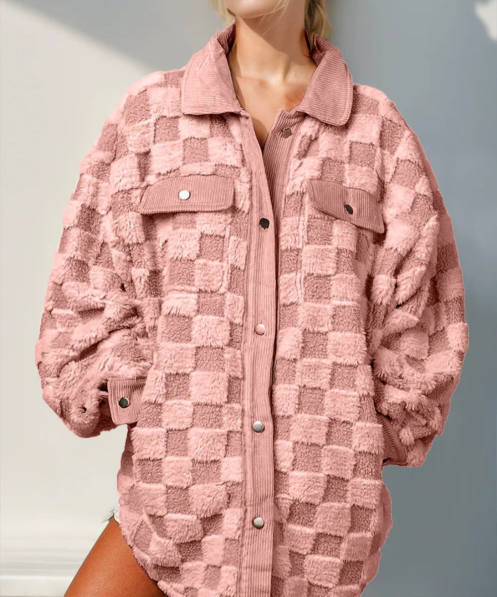 Double Take Button Up Fuzzy Checkered Shacket-Jacket-Krush Kandy, Women's Online Fashion Boutique Located in Phoenix, Arizona (Scottsdale Area)