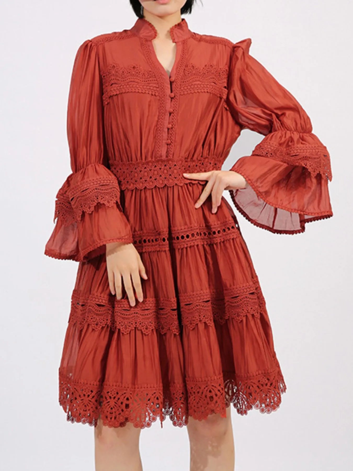 Ruffle Lace Trim Long Sleeve Dress-Dresses-Krush Kandy, Women's Online Fashion Boutique Located in Phoenix, Arizona (Scottsdale Area)
