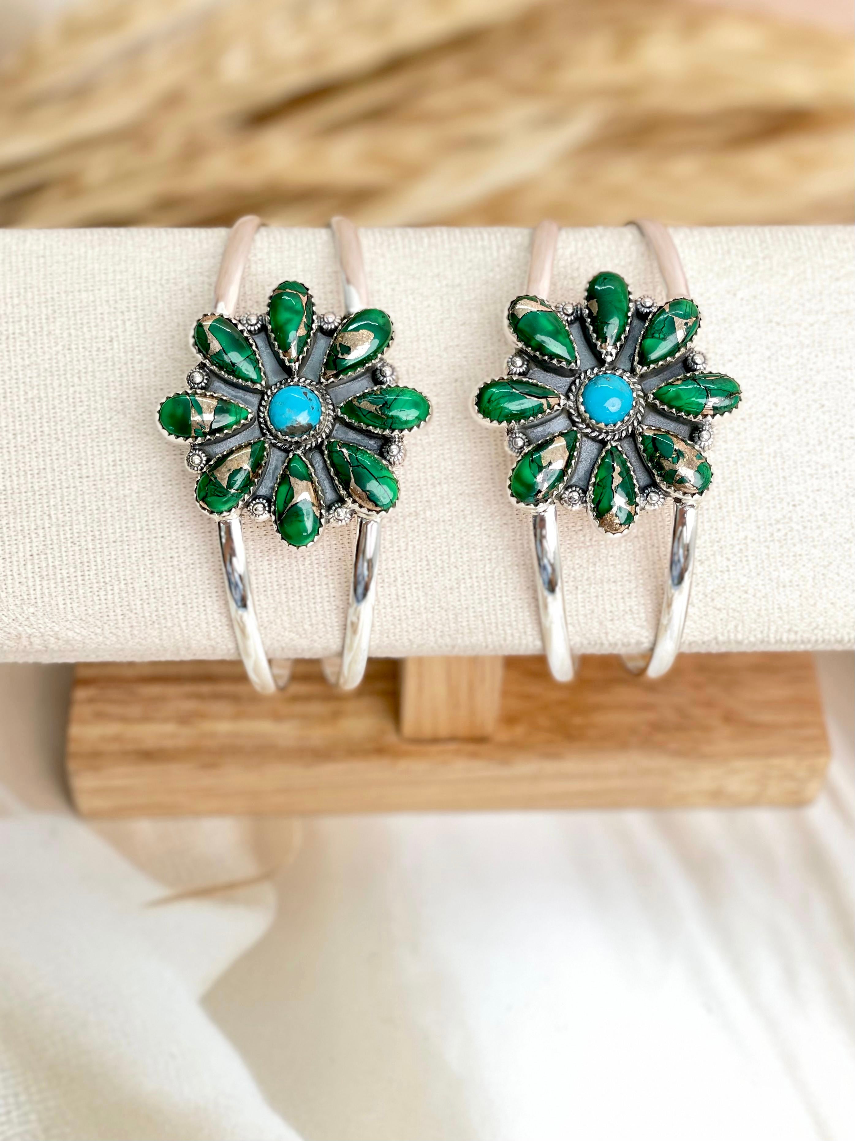 Irish Green Dahlia & Kingman Turquoise Adjustable Cuff Bangles sno 22-Bracelets-Krush Kandy, Women's Online Fashion Boutique Located in Phoenix, Arizona (Scottsdale Area)
