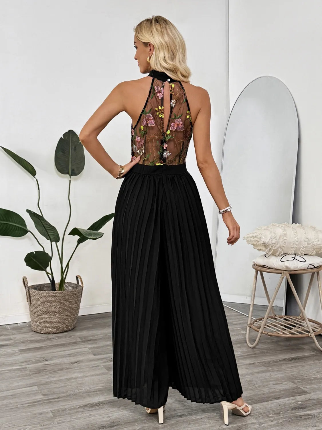 Floral Embroidered Halter Neck Pleated Jumpsuit-Jumpsuits & Rompers-Krush Kandy, Women's Online Fashion Boutique Located in Phoenix, Arizona (Scottsdale Area)