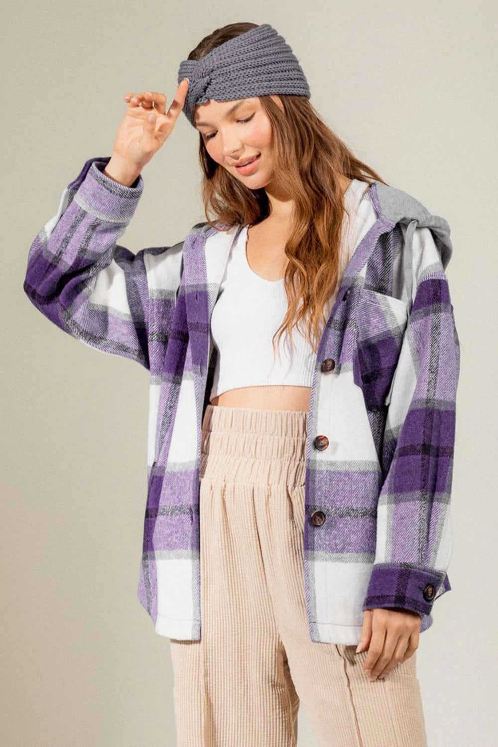 Drawstring Plaid Dropped Shoulder Hooded Shacket-Krush Kandy, Women's Online Fashion Boutique Located in Phoenix, Arizona (Scottsdale Area)