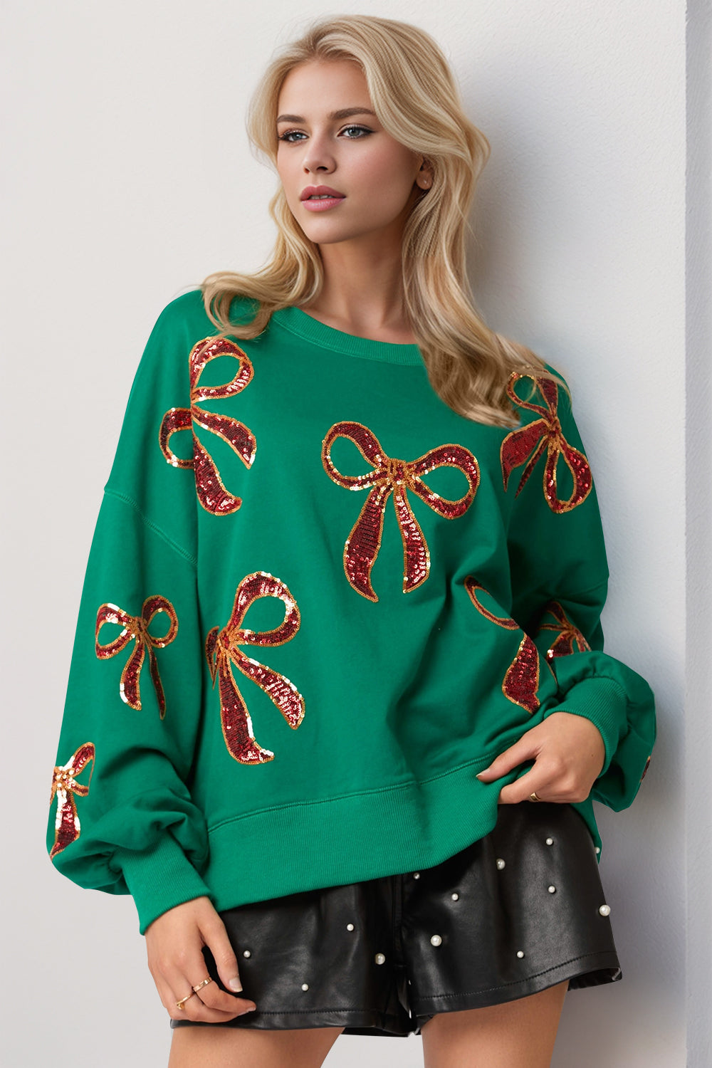 Christmas Bow Sequin Round Neck Dropped Shoulder Sweatshirt-Sweaters-Krush Kandy, Women's Online Fashion Boutique Located in Phoenix, Arizona (Scottsdale Area)