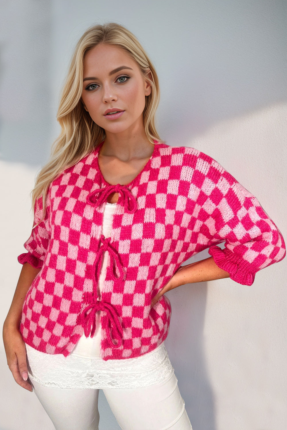 Double Take Tied Checkered Dropped Shoulder Flounce Sleeve Cardigan-Krush Kandy, Women's Online Fashion Boutique Located in Phoenix, Arizona (Scottsdale Area)