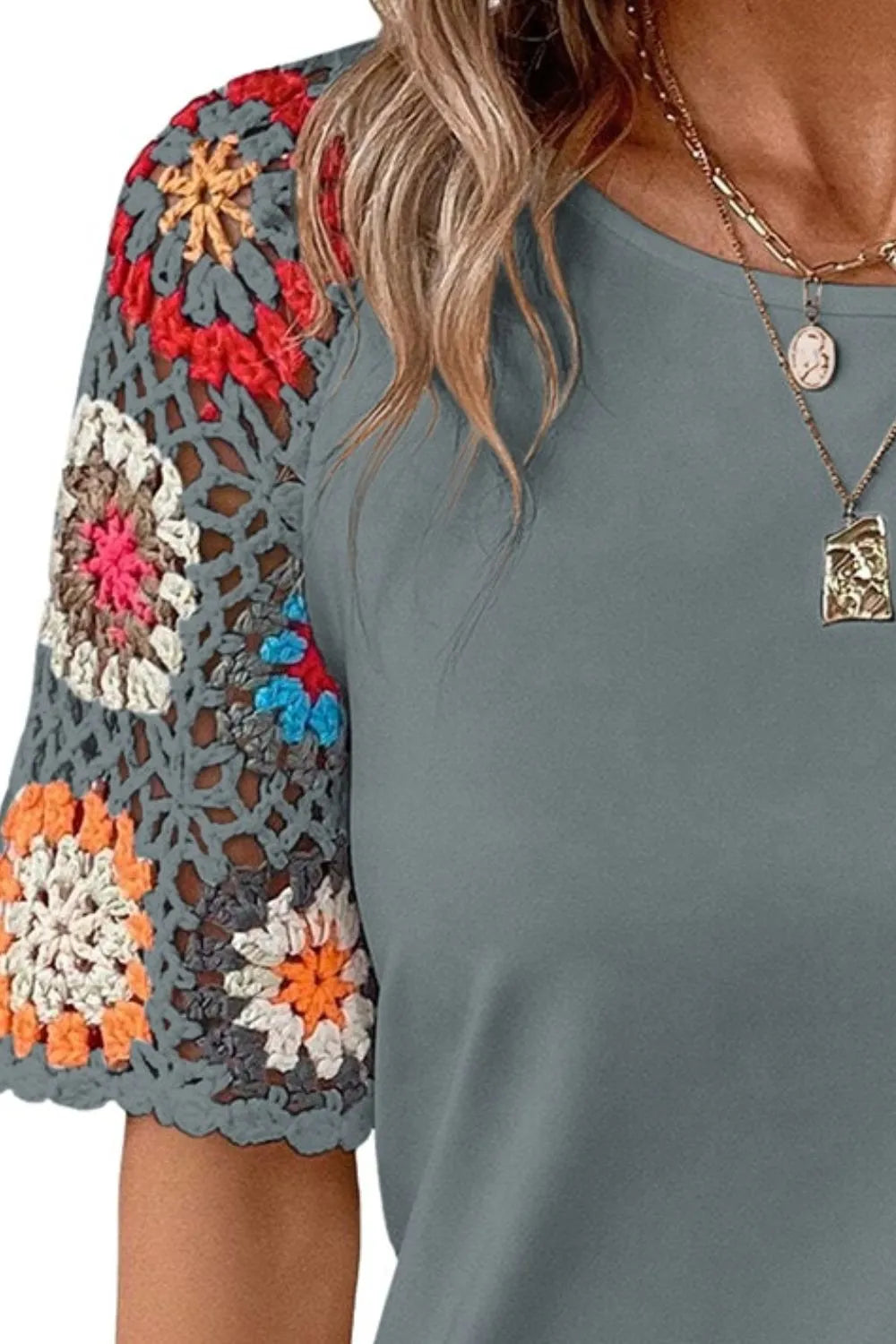 Retro Bloom Crochet Sleeve Tee-Tops-Krush Kandy, Women's Online Fashion Boutique Located in Phoenix, Arizona (Scottsdale Area)