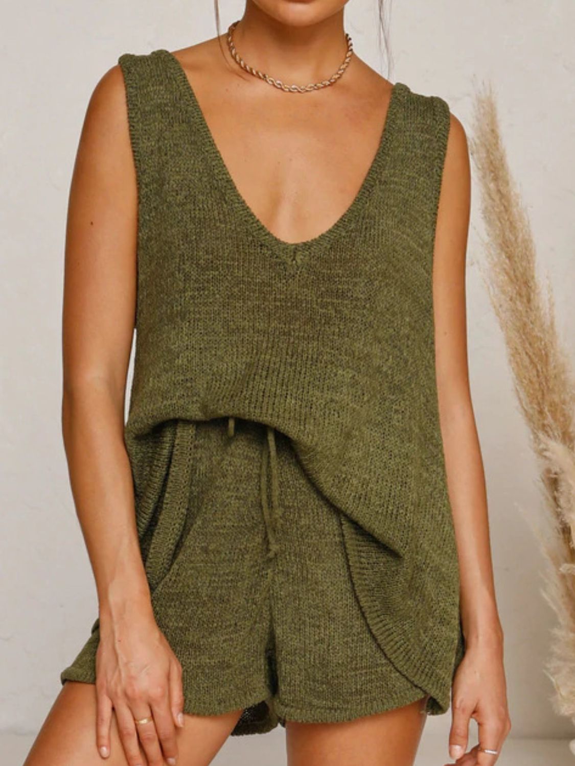 V-Neck Sleeveless Top and Drawstring Shorts Sweater Set-Krush Kandy, Women's Online Fashion Boutique Located in Phoenix, Arizona (Scottsdale Area)