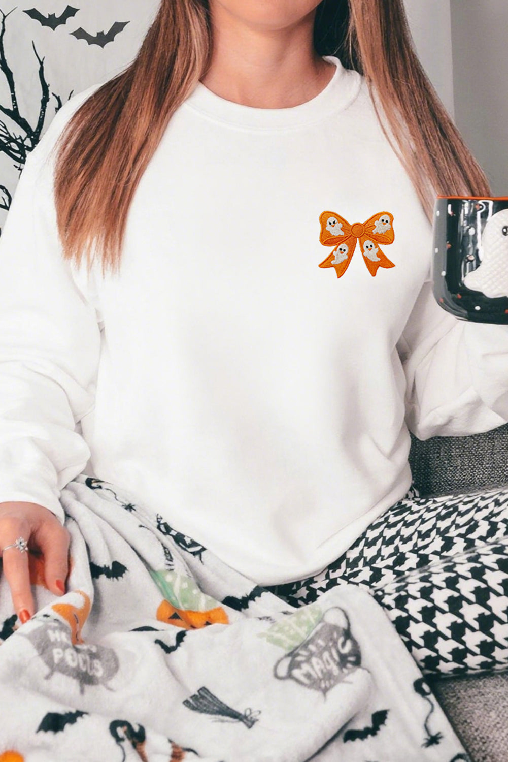 Embroidered Ghost Halloween Bow Sweatshirt-Sweaters-Krush Kandy, Women's Online Fashion Boutique Located in Phoenix, Arizona (Scottsdale Area)