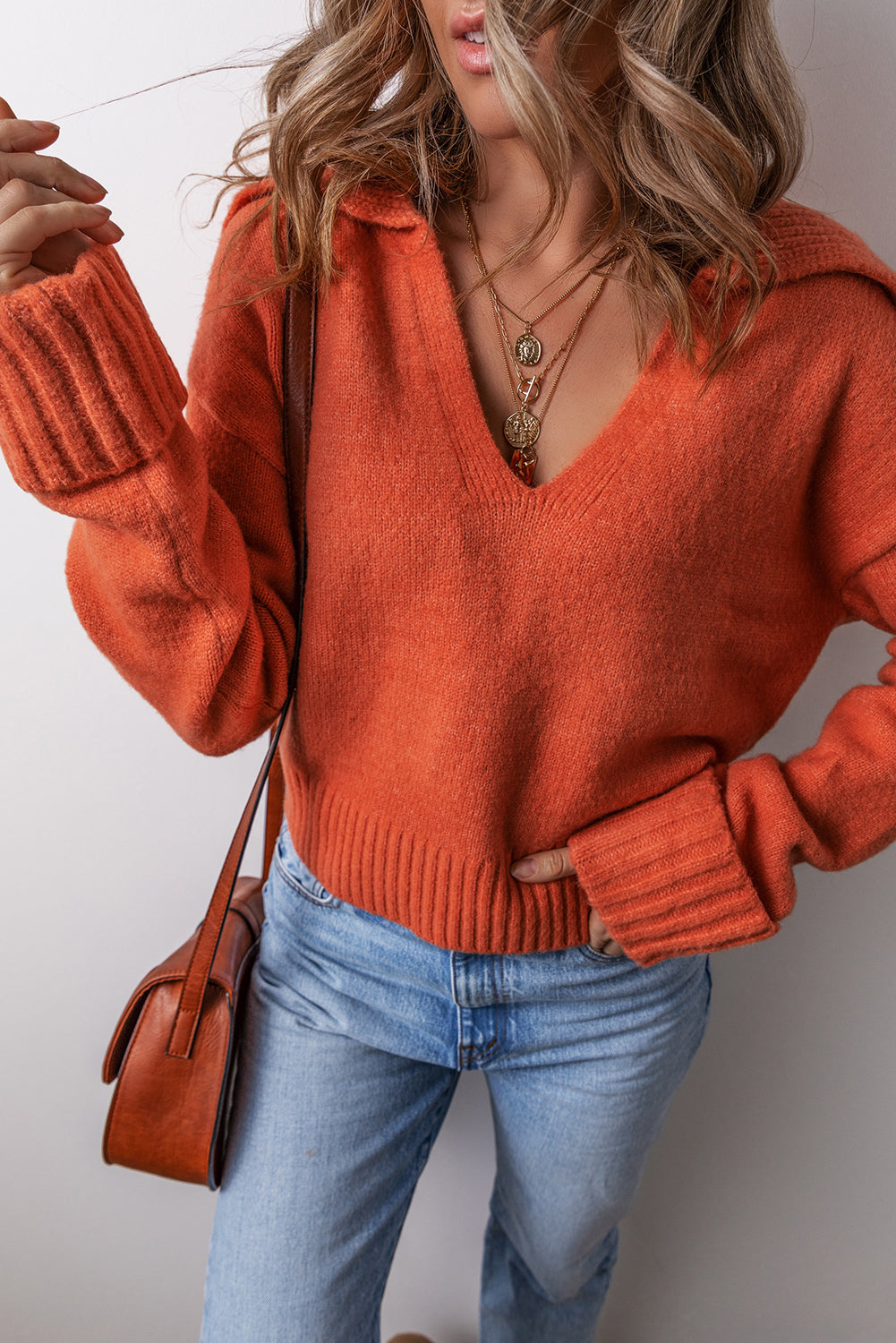 Rust Orange V-Neck Collar Knit Sweater-Sweaters-Krush Kandy, Women's Online Fashion Boutique Located in Phoenix, Arizona (Scottsdale Area)