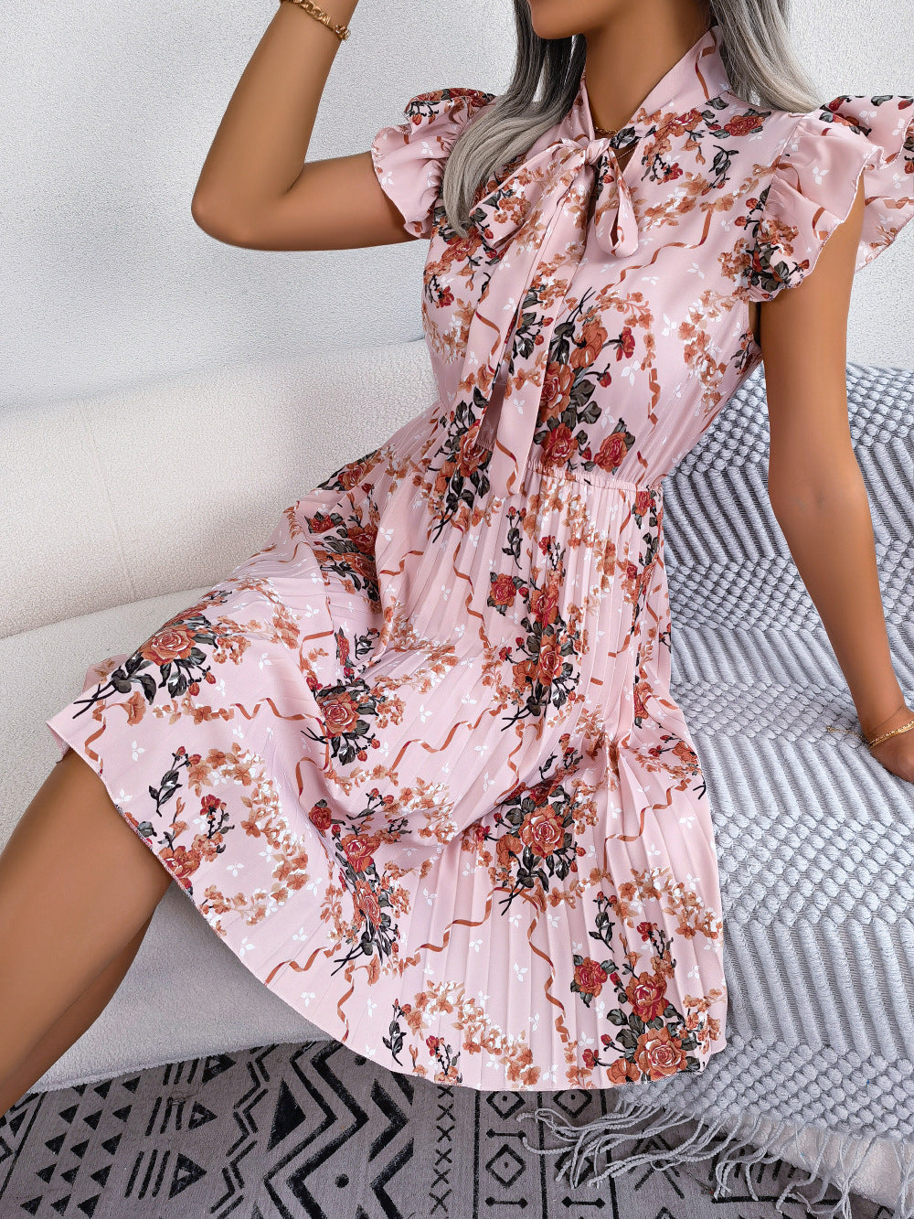 Garden Bloom Pleated Tie-Neck Dress-Dresses-Krush Kandy, Women's Online Fashion Boutique Located in Phoenix, Arizona (Scottsdale Area)