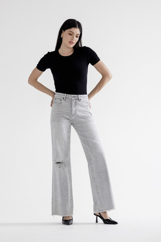 High Rise Wide Leg With Raw Hem Jeans-Denim-Krush Kandy, Women's Online Fashion Boutique Located in Phoenix, Arizona (Scottsdale Area)