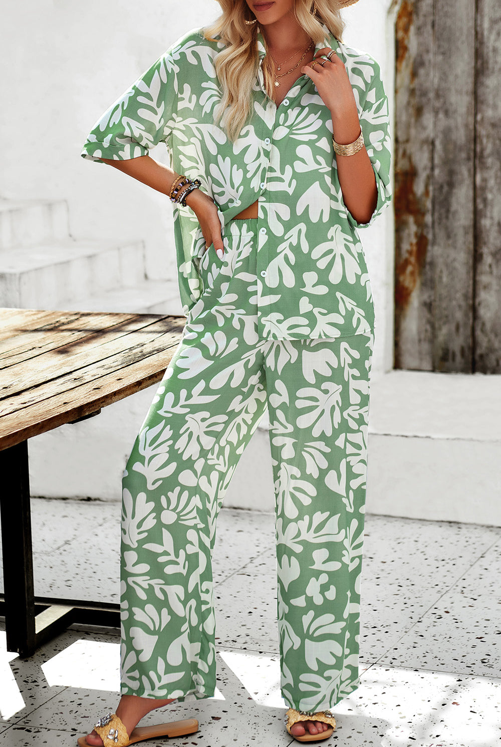 Printed Button Up Shirt and Pants Set-2 Piece Outfit Sets-Krush Kandy, Women's Online Fashion Boutique Located in Phoenix, Arizona (Scottsdale Area)