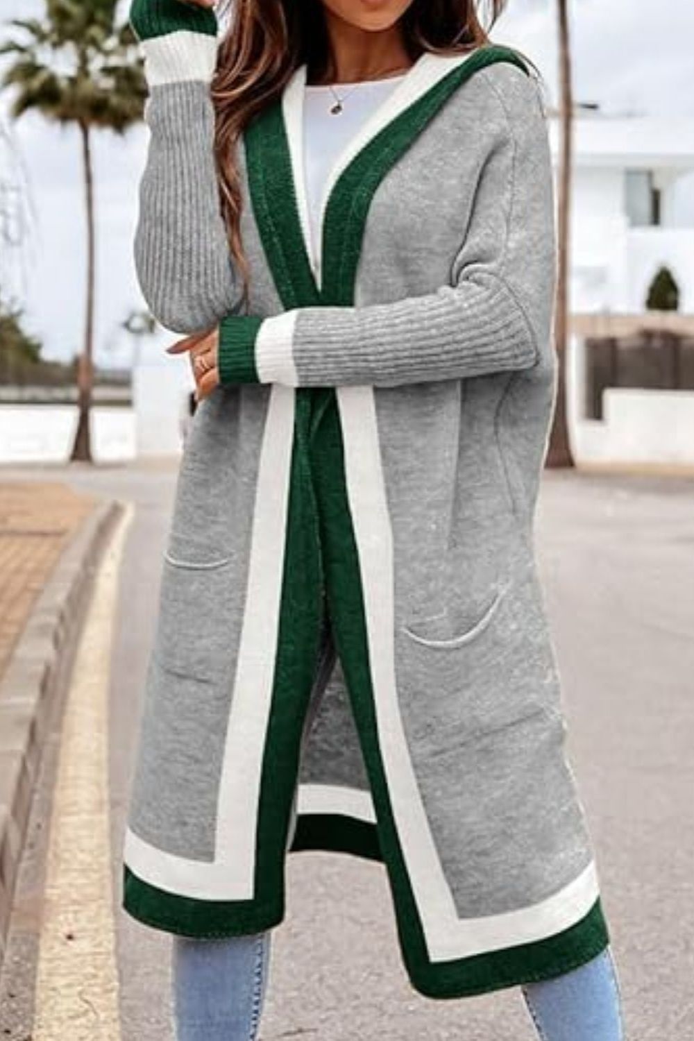 Pocketed Contrast Long Sleeve Hooded Cardigan-Krush Kandy, Women's Online Fashion Boutique Located in Phoenix, Arizona (Scottsdale Area)