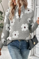 Flower Half Zip Long Sleeve Sweater-Sweaters-Krush Kandy, Women's Online Fashion Boutique Located in Phoenix, Arizona (Scottsdale Area)