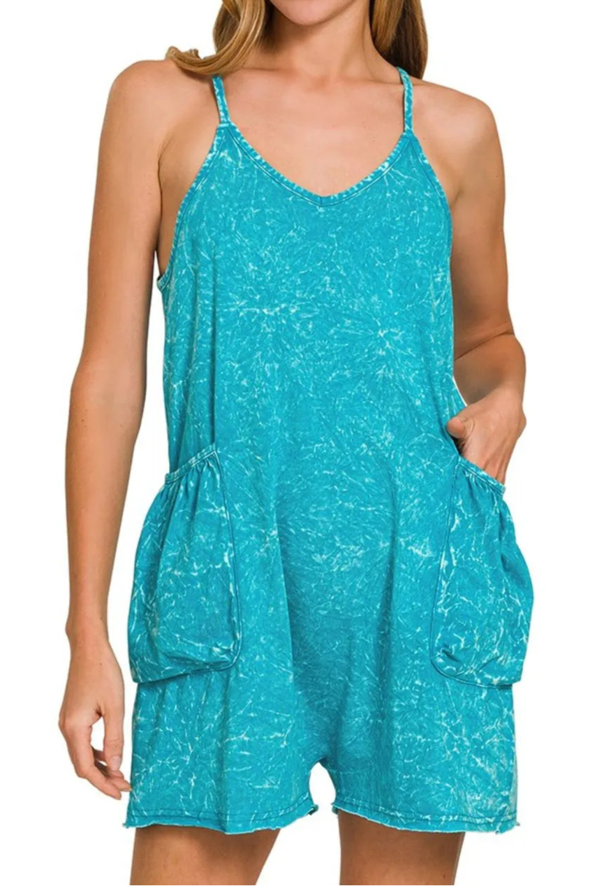 Zenana Acid Crinkle Washed Spaghetti Strap Romper-Jumpsuits & Rompers-Krush Kandy, Women's Online Fashion Boutique Located in Phoenix, Arizona (Scottsdale Area)