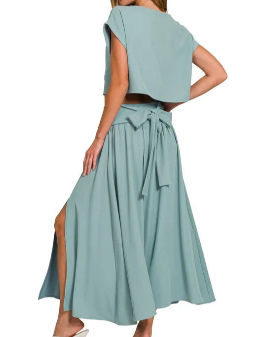 Heavy Woven Span Crop Tee & Skirt Set-2 Piece Outfit Sets-Krush Kandy, Women's Online Fashion Boutique Located in Phoenix, Arizona (Scottsdale Area)