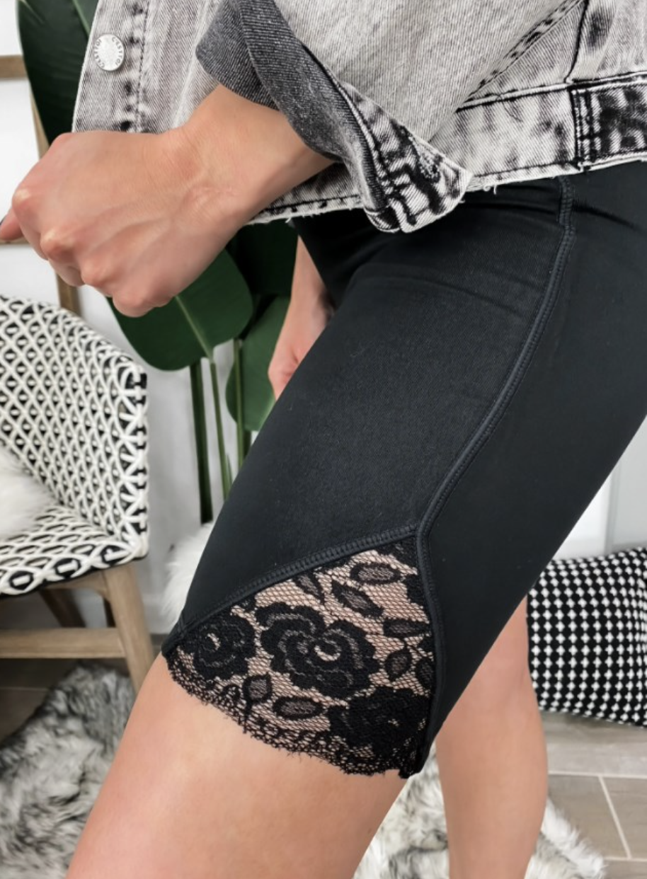 Mono B Feeling Fine Floral Lace Accent Highwaist Biker Short Leggings-Shorts-Krush Kandy, Women's Online Fashion Boutique Located in Phoenix, Arizona (Scottsdale Area)