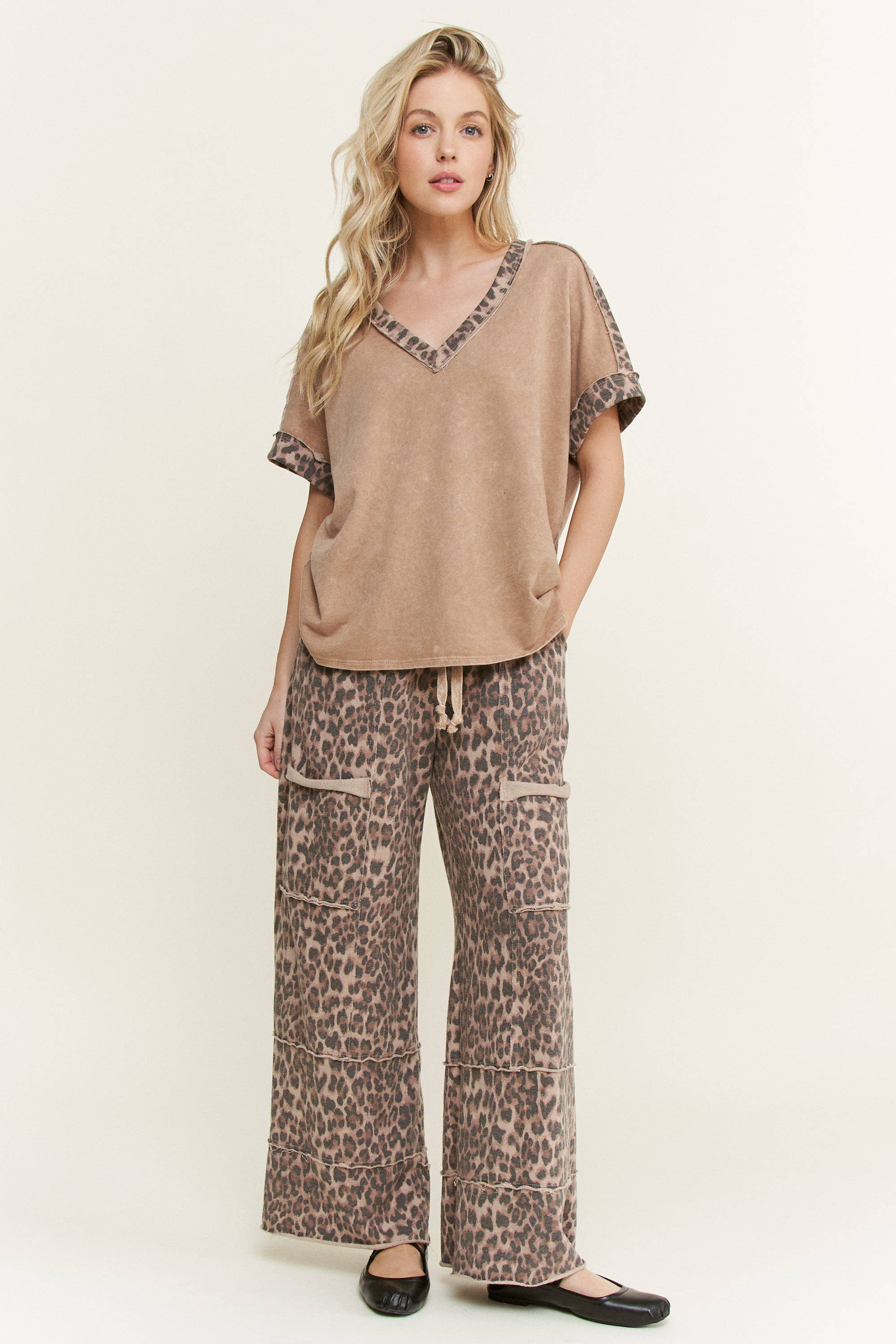 Mineral Washed Animal Leopard Wide Leg Pants