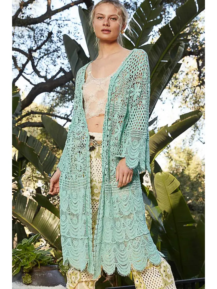 Crochet Bell Sleeve Long Open Cardigan-Kimono-Krush Kandy, Women's Online Fashion Boutique Located in Phoenix, Arizona (Scottsdale Area)