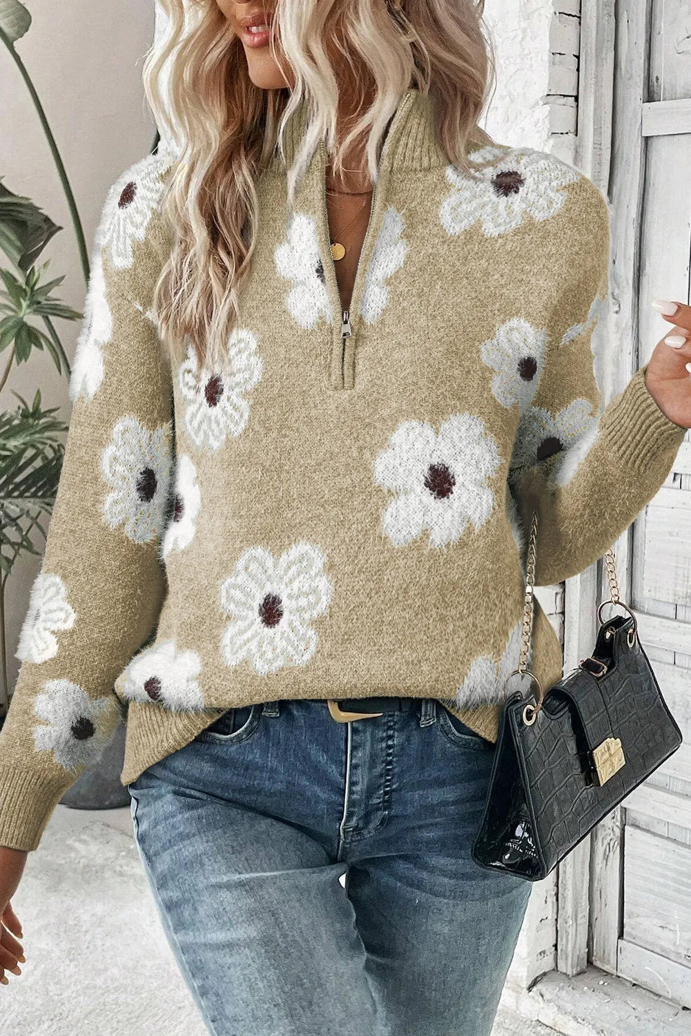 Flower Half Zip Long Sleeve Sweater-Sweaters-Krush Kandy, Women's Online Fashion Boutique Located in Phoenix, Arizona (Scottsdale Area)