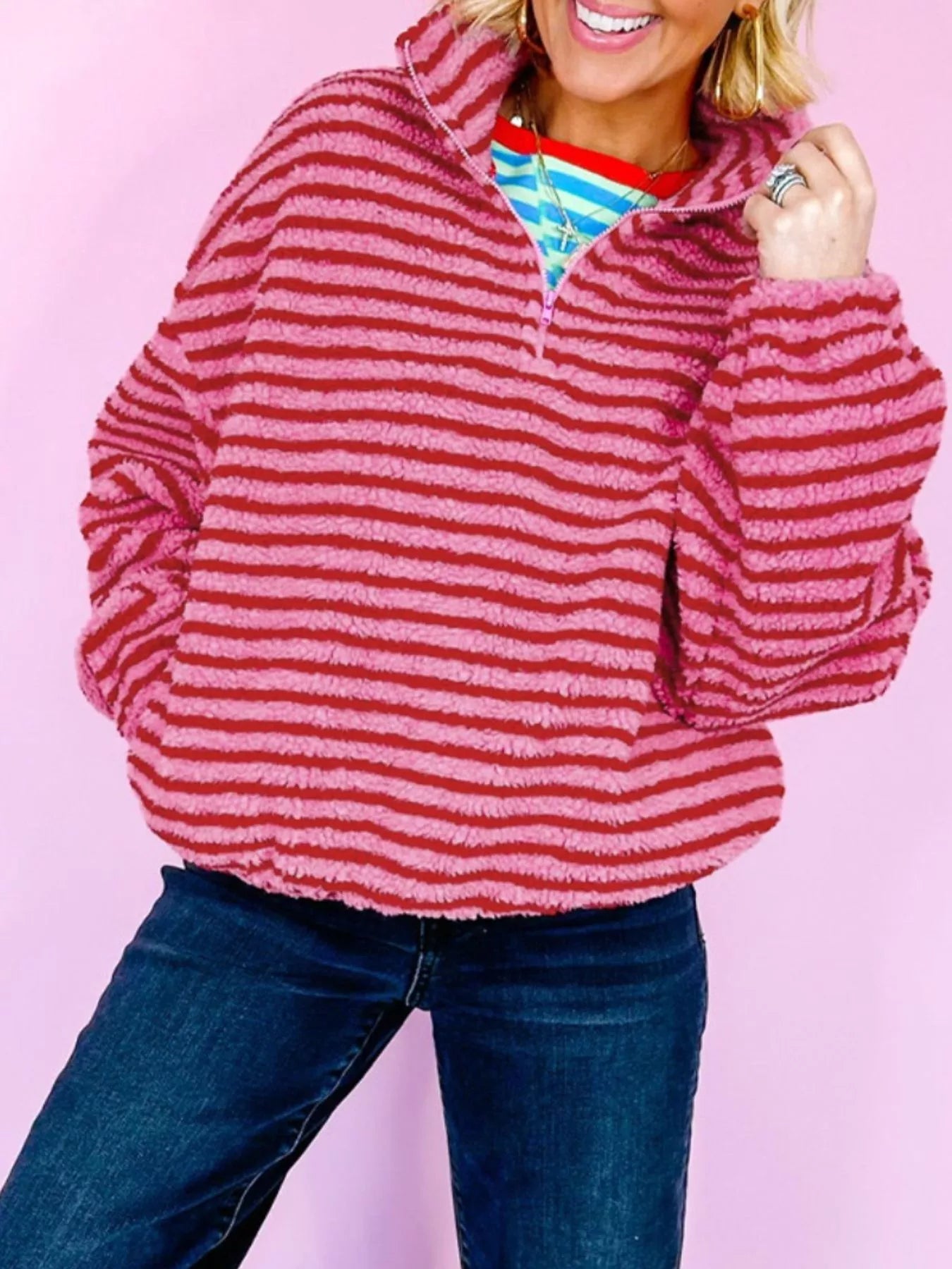 Striped Quarter-Zip Fleece Sweatshirt-Sweaters-Krush Kandy, Women's Online Fashion Boutique Located in Phoenix, Arizona (Scottsdale Area)