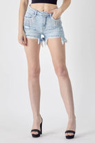 RISEN Frayed Hem Denim Shorts with Fringe Detail Pockets-Shorts-Krush Kandy, Women's Online Fashion Boutique Located in Phoenix, Arizona (Scottsdale Area)