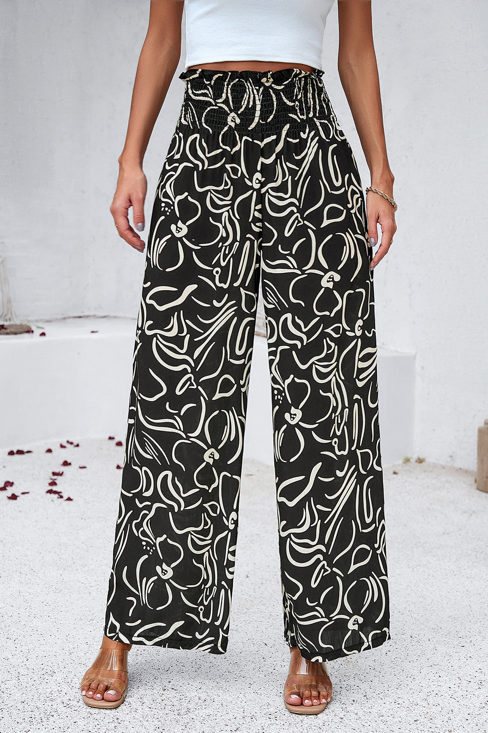 Smocked Printed Wide Leg Pants with Pockets-Pants-Krush Kandy, Women's Online Fashion Boutique Located in Phoenix, Arizona (Scottsdale Area)