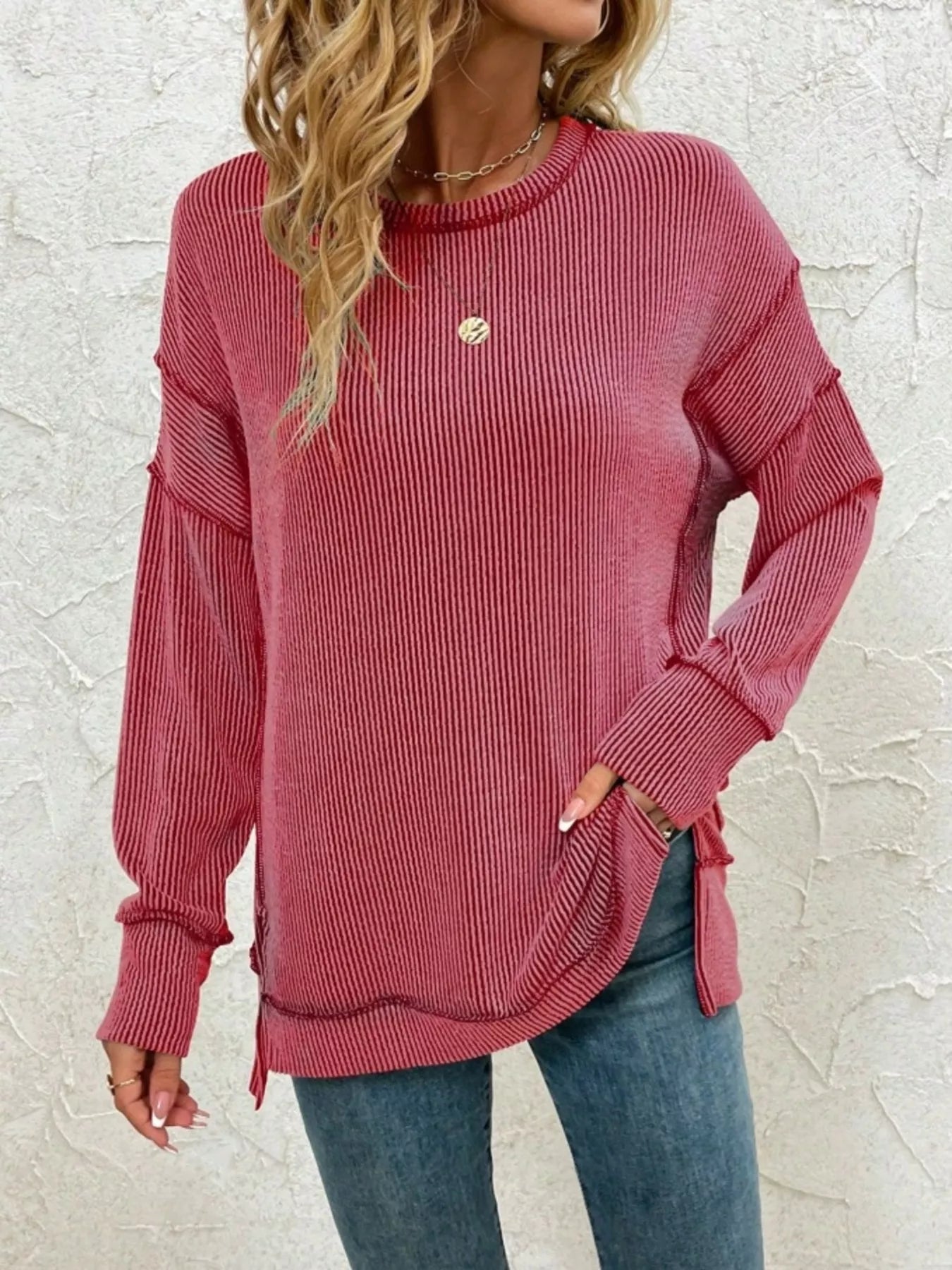 Side Slit Round Neck Dropped Shoulder Sweatshirt-Sweaters-Krush Kandy, Women's Online Fashion Boutique Located in Phoenix, Arizona (Scottsdale Area)