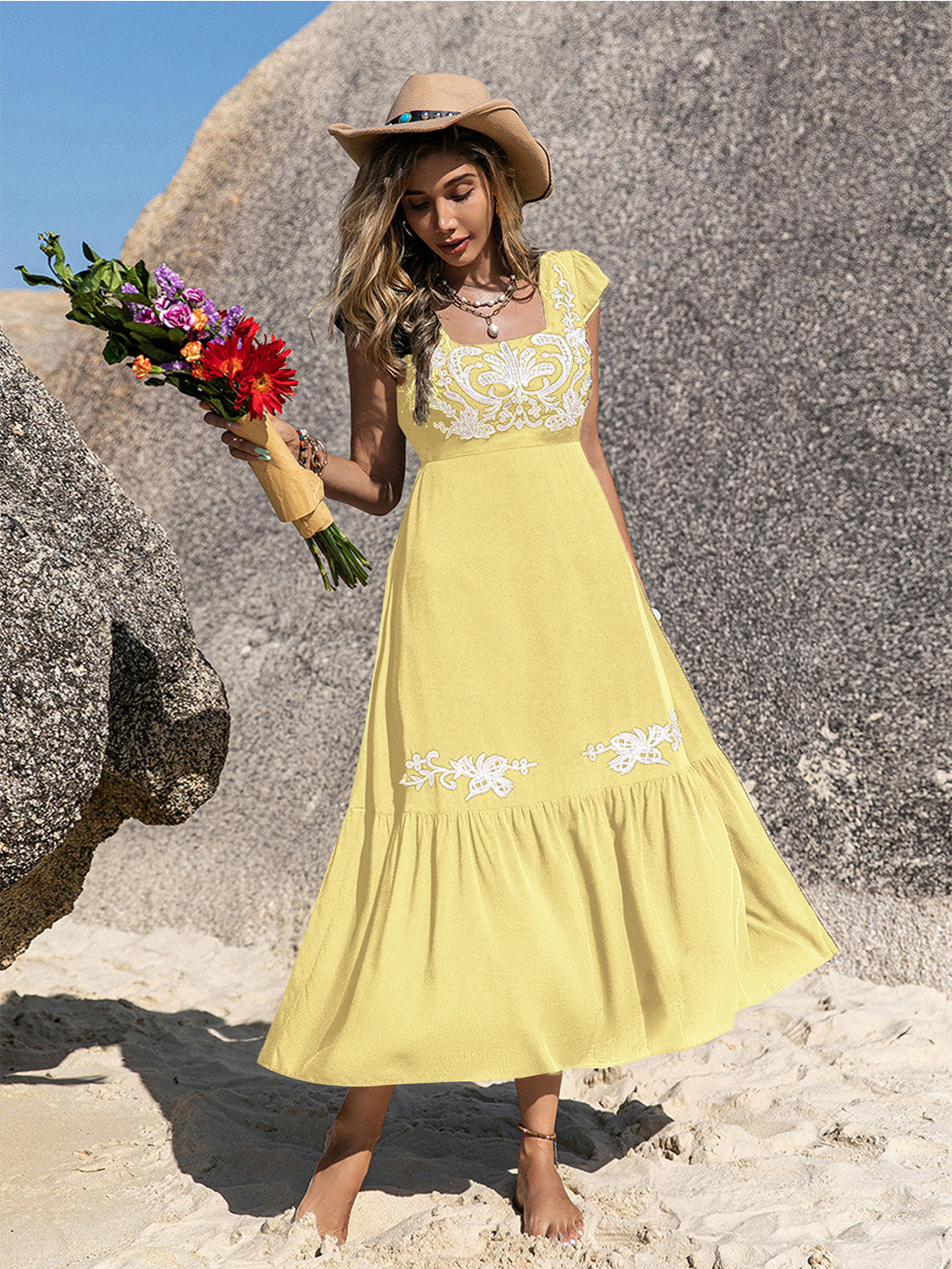 Embroidered Square Neck Ruffle Hem Dress-Krush Kandy, Women's Online Fashion Boutique Located in Phoenix, Arizona (Scottsdale Area)