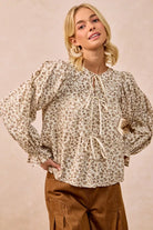 BiBi Floral Printed Peplum Blouse with Shirring and Tied-Tops-Krush Kandy, Women's Online Fashion Boutique Located in Phoenix, Arizona (Scottsdale Area)