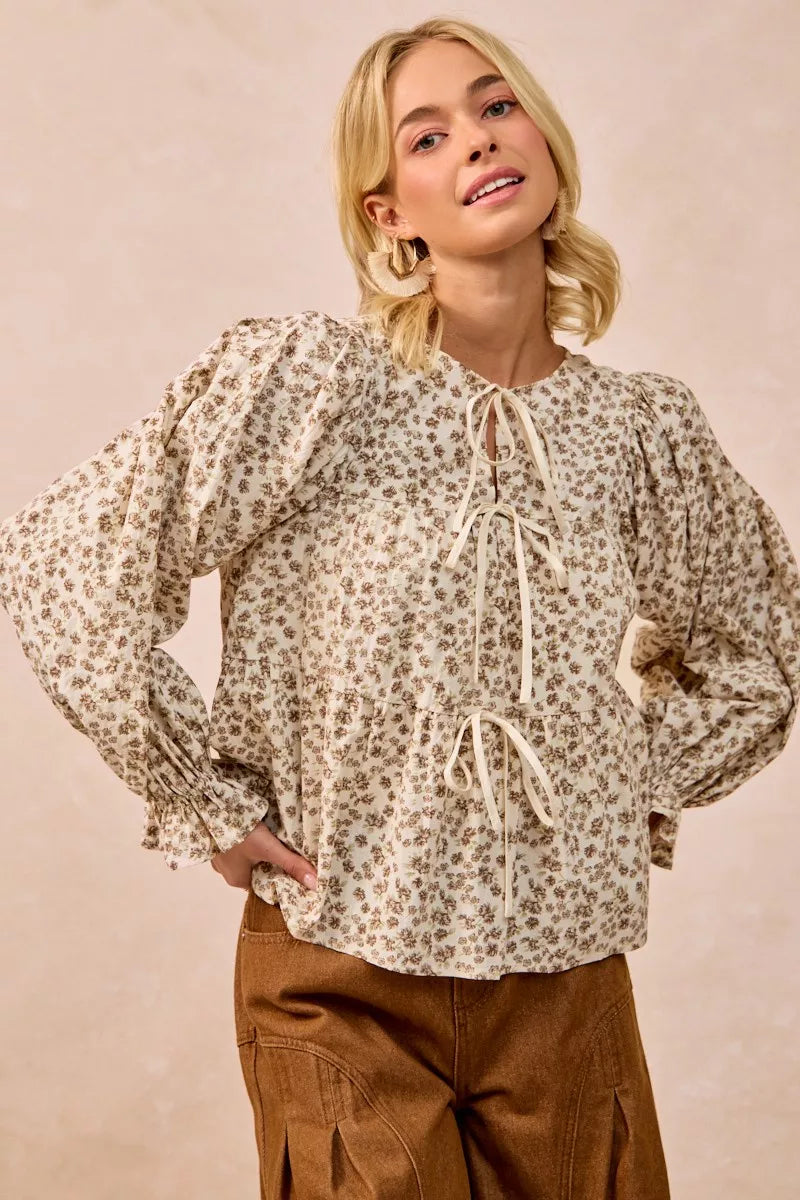 BiBi Floral Printed Peplum Blouse with Shirring and Tied-Tops-Krush Kandy, Women's Online Fashion Boutique Located in Phoenix, Arizona (Scottsdale Area)