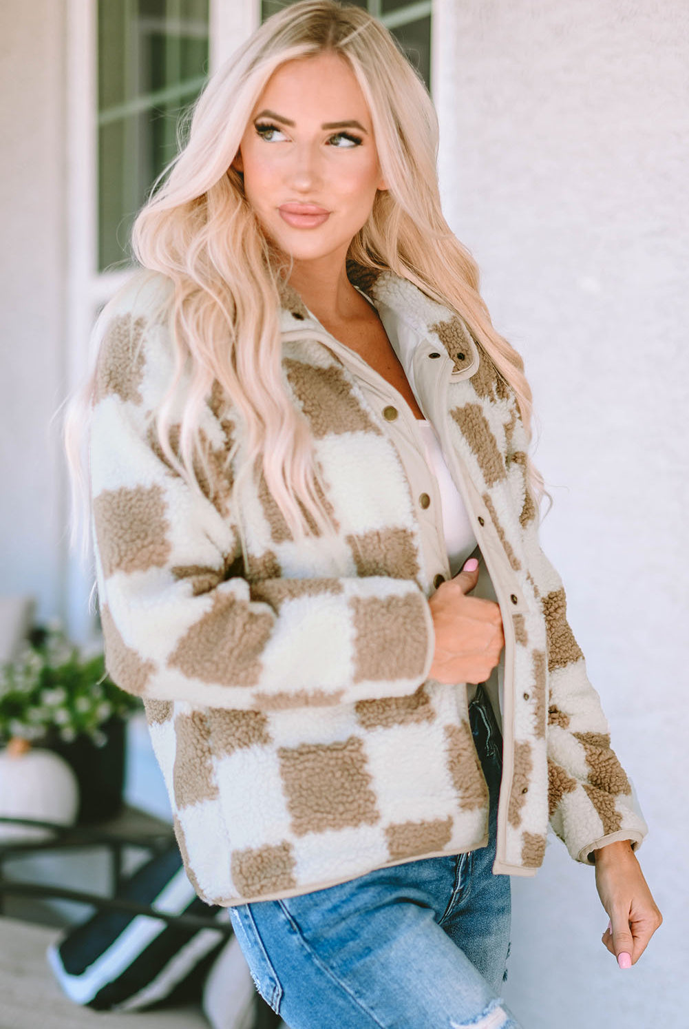 Checkered Snap Down Long Sleeve Jacket-Krush Kandy, Women's Online Fashion Boutique Located in Phoenix, Arizona (Scottsdale Area)