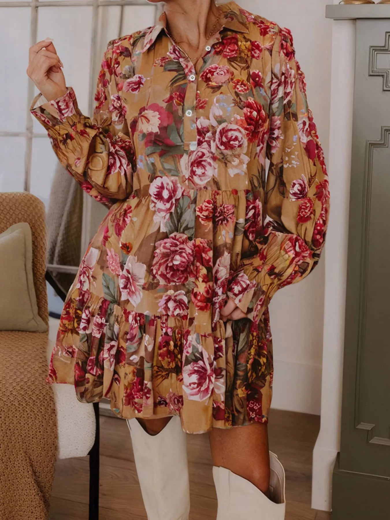 Floral Print Half Button Flounce Sleeve Ruffle Mini Dress-Dresses-Krush Kandy, Women's Online Fashion Boutique Located in Phoenix, Arizona (Scottsdale Area)