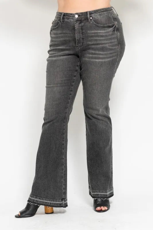 Judy Blue Full Size Mid Rise Tummy Control Washed Gray Release Hem Flare Jeans Plus Size-Denim-Krush Kandy, Women's Online Fashion Boutique Located in Phoenix, Arizona (Scottsdale Area)