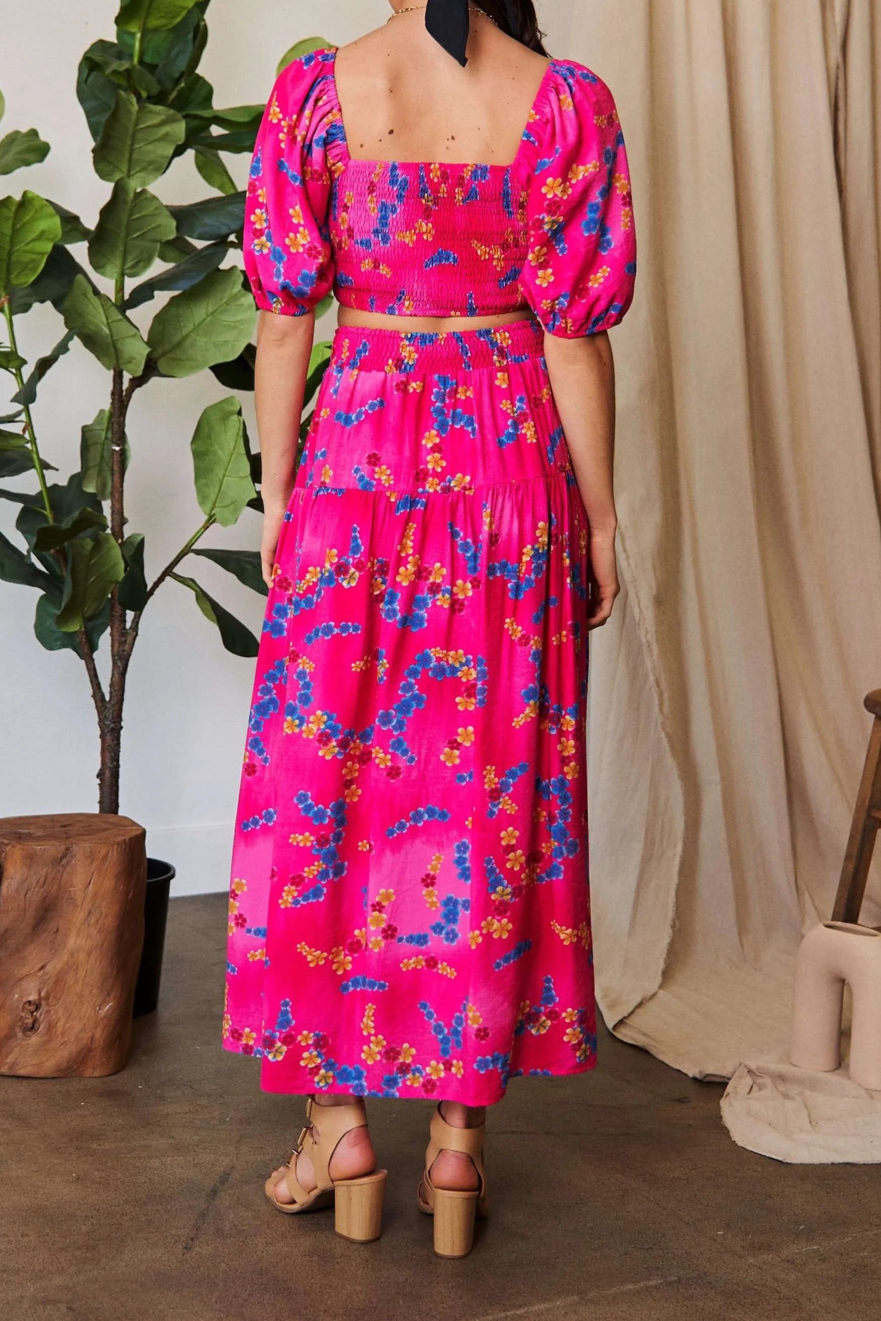 Davi & Dani Smocing Bodice Puff Short Sleeve Printed Crop Top-2 Piece Outfit Sets-Krush Kandy, Women's Online Fashion Boutique Located in Phoenix, Arizona (Scottsdale Area)