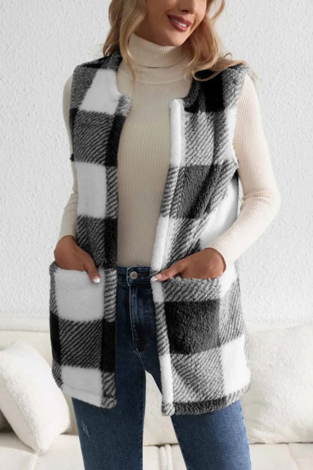 Sherpa Plaid Open Front Vest Coat-Krush Kandy, Women's Online Fashion Boutique Located in Phoenix, Arizona (Scottsdale Area)