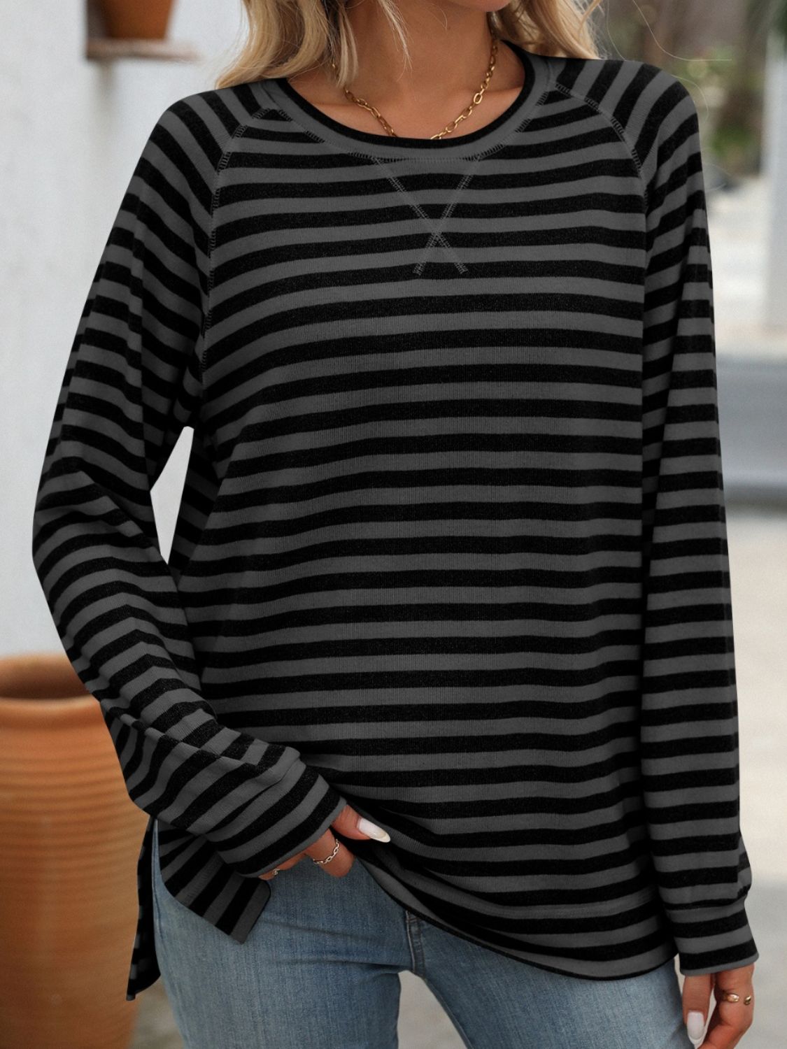 Striped Round Neck Long Sleeve T-Shirt-Long Sleeve Tops-Krush Kandy, Women's Online Fashion Boutique Located in Phoenix, Arizona (Scottsdale Area)