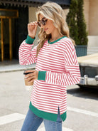 Slit Striped Round Neck Long Sleeve Sweatshirt-Krush Kandy, Women's Online Fashion Boutique Located in Phoenix, Arizona (Scottsdale Area)