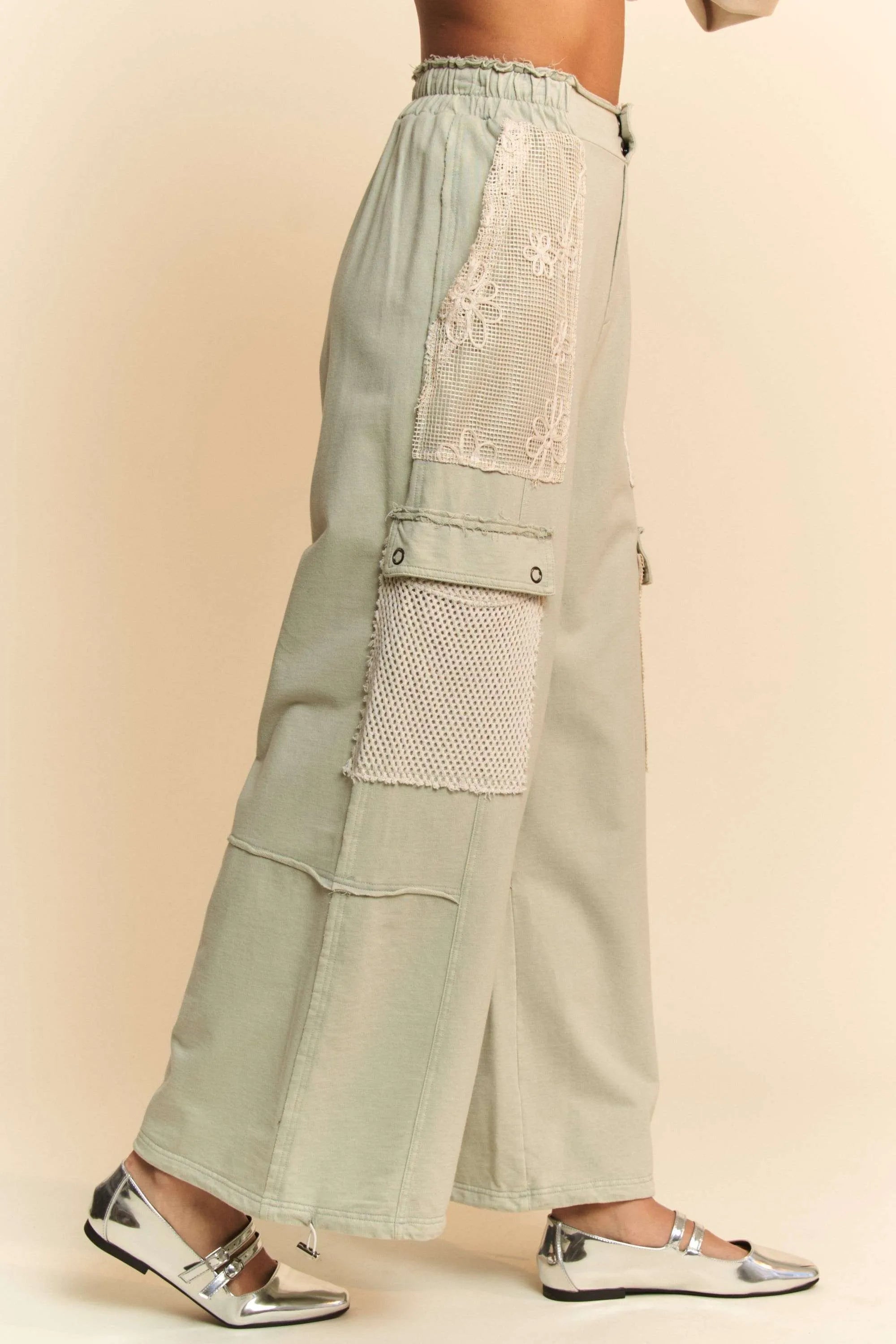 Davi & Dani Lace Patchwork Bottom Opening Adjustable Pants-pants-Krush Kandy, Women's Online Fashion Boutique Located in Phoenix, Arizona (Scottsdale Area)