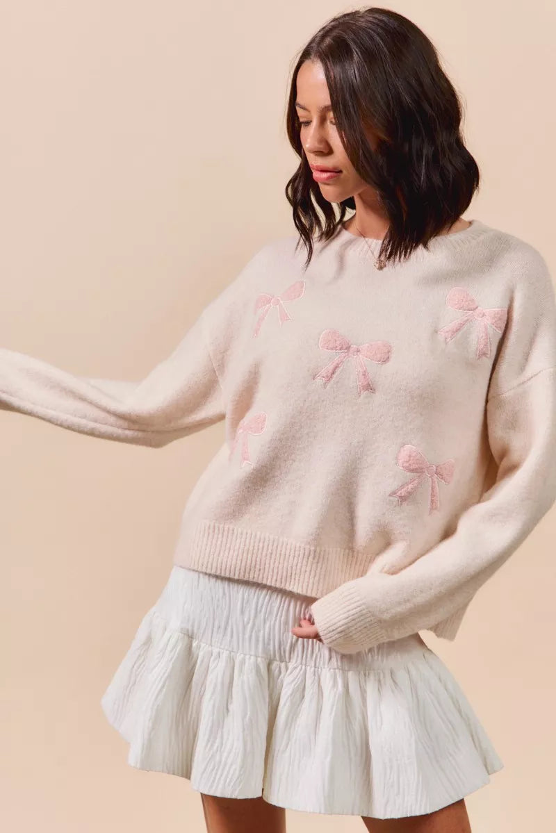 SO ME Embroidered Ribbon Round Neck Sweater-Sweaters-Krush Kandy, Women's Online Fashion Boutique Located in Phoenix, Arizona (Scottsdale Area)