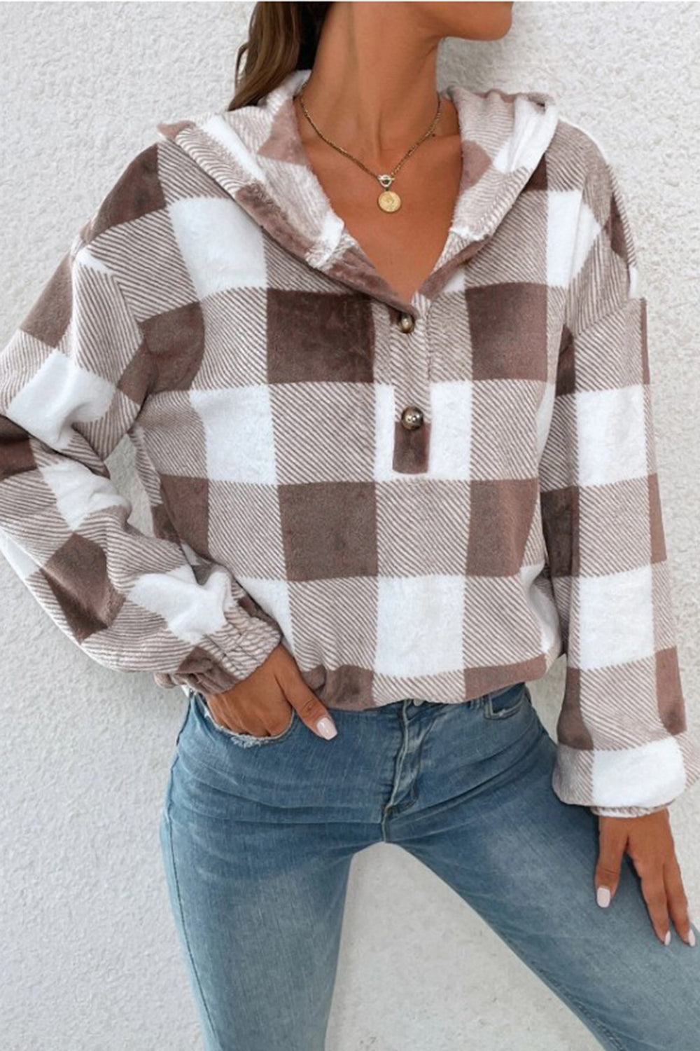 Plaid Quarter Button Dropped Shoulder Hoodie-Krush Kandy, Women's Online Fashion Boutique Located in Phoenix, Arizona (Scottsdale Area)