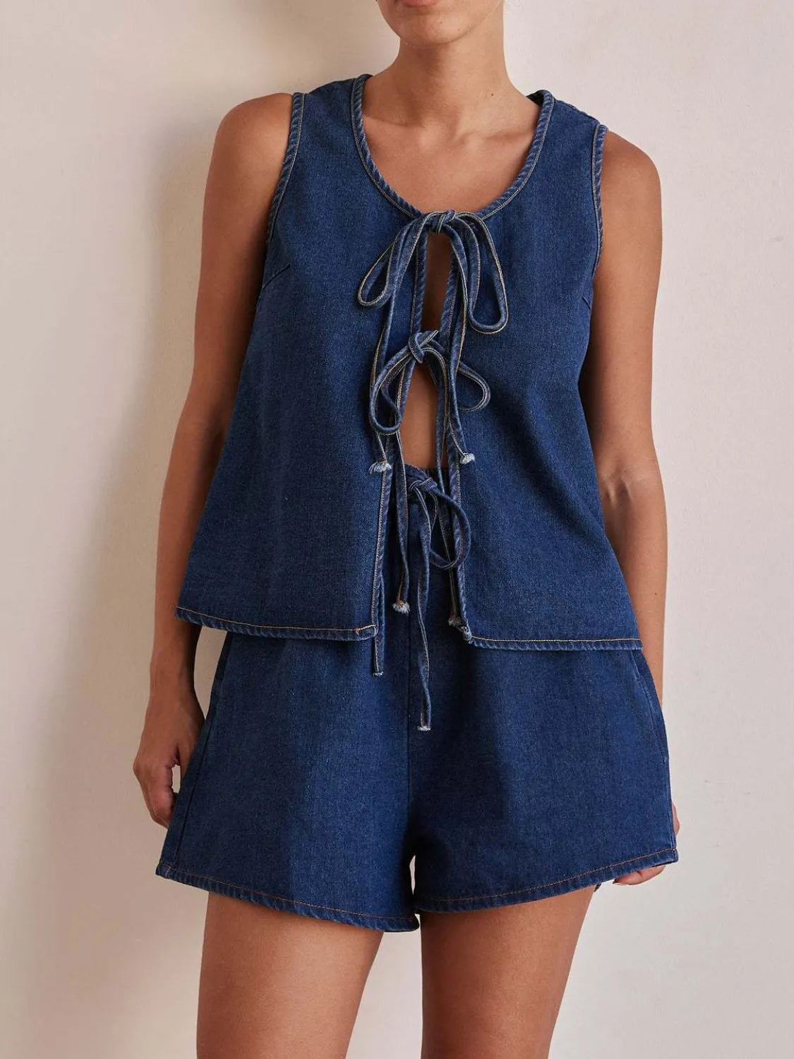 Denim Tie-Front Two-Piece Set-Tops-Krush Kandy, Women's Online Fashion Boutique Located in Phoenix, Arizona (Scottsdale Area)