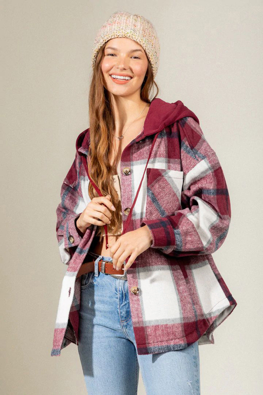 Drawstring Plaid Dropped Shoulder Hooded Shacket-Krush Kandy, Women's Online Fashion Boutique Located in Phoenix, Arizona (Scottsdale Area)