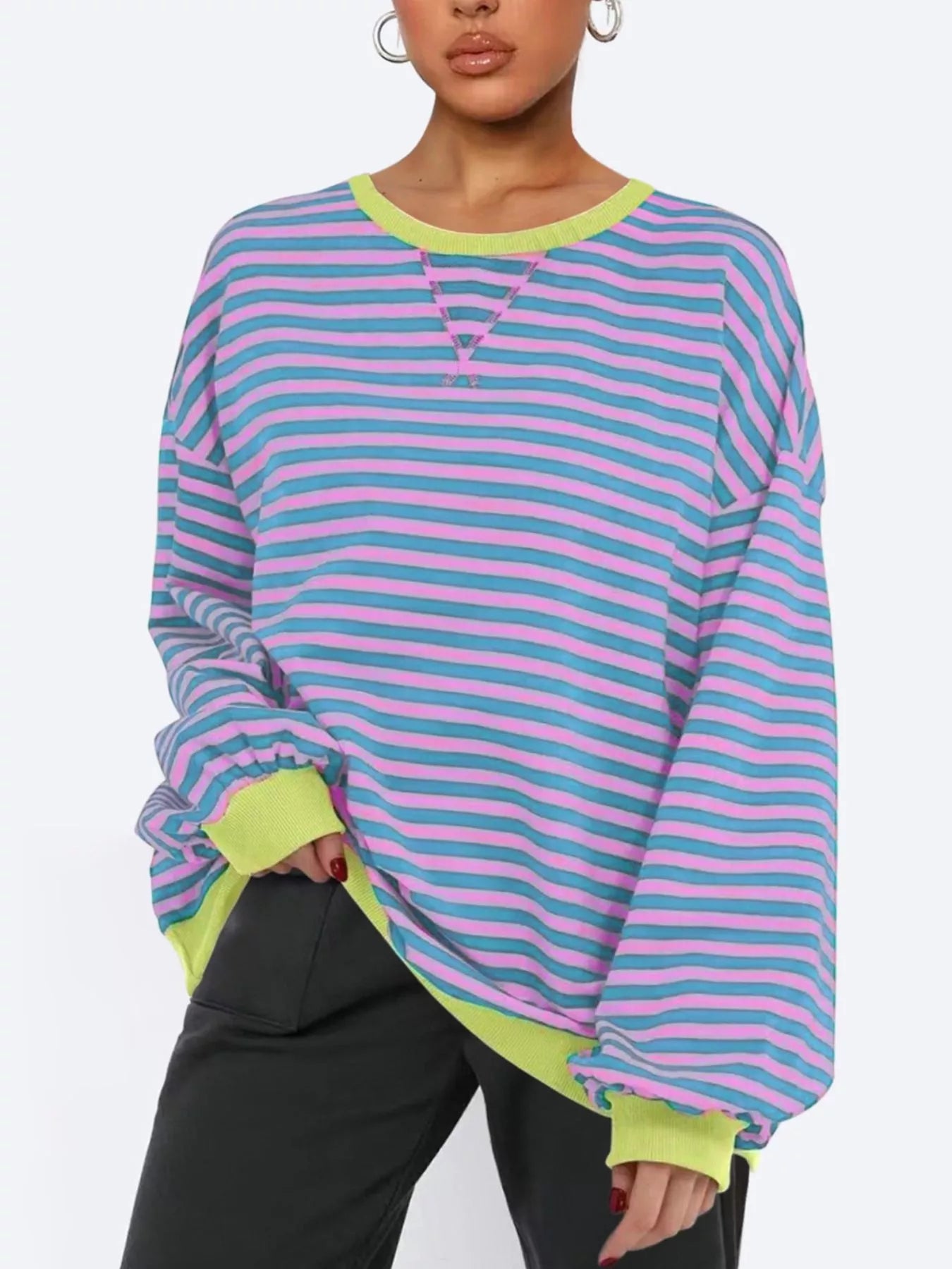 Striped Round Neck Long Sleeve Sweatshirt-Sweatshirt-Krush Kandy, Women's Online Fashion Boutique Located in Phoenix, Arizona (Scottsdale Area)