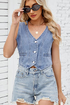 Button Down V-Neck Denim Vest-Krush Kandy, Women's Online Fashion Boutique Located in Phoenix, Arizona (Scottsdale Area)