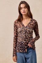 BiBi Leopard Printed Mesh Shirt With Button Up V Neck-Tops-Krush Kandy, Women's Online Fashion Boutique Located in Phoenix, Arizona (Scottsdale Area)