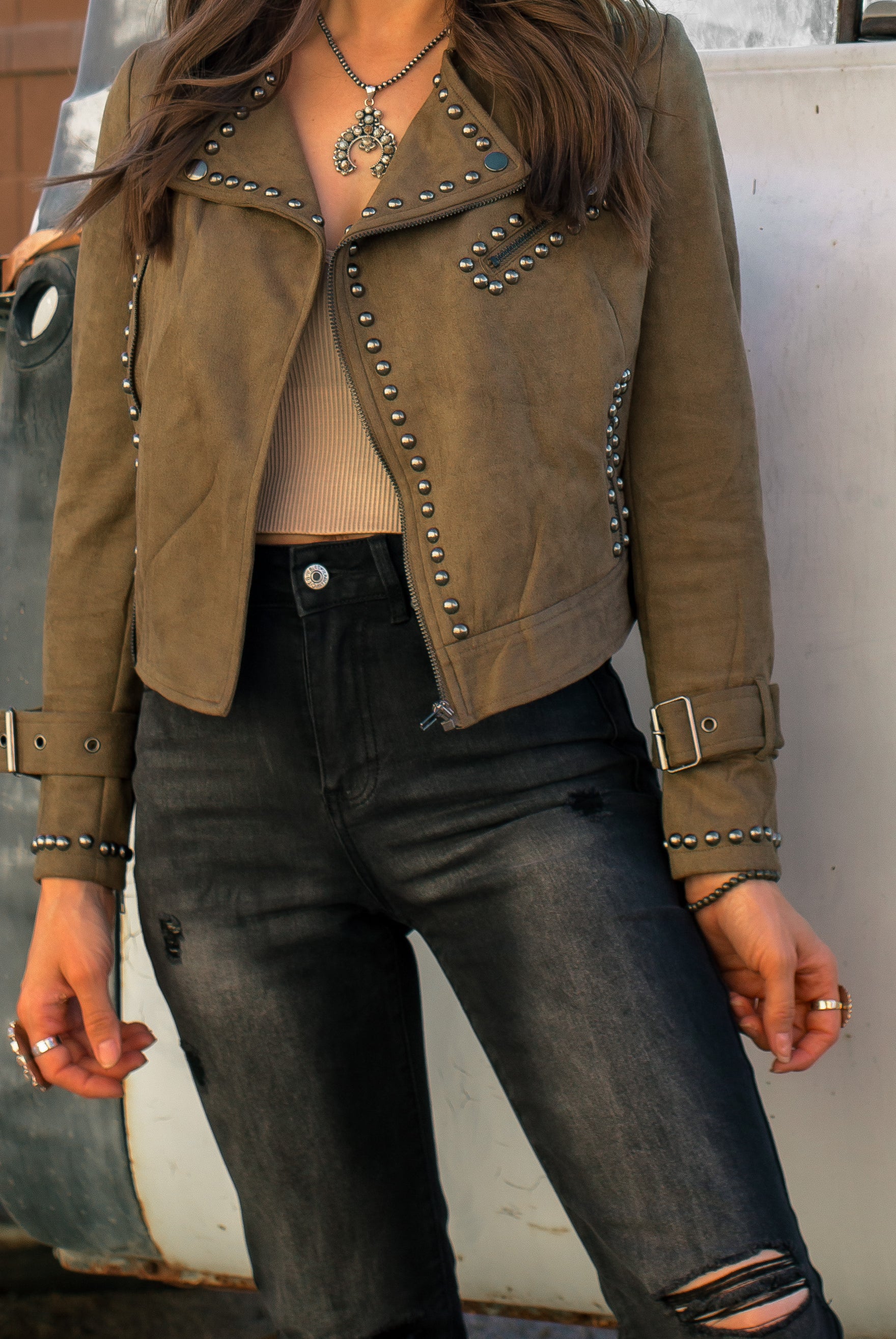 Moto Studded Detail Jacket-Jackets-Krush Kandy, Women's Online Fashion Boutique Located in Phoenix, Arizona (Scottsdale Area)
