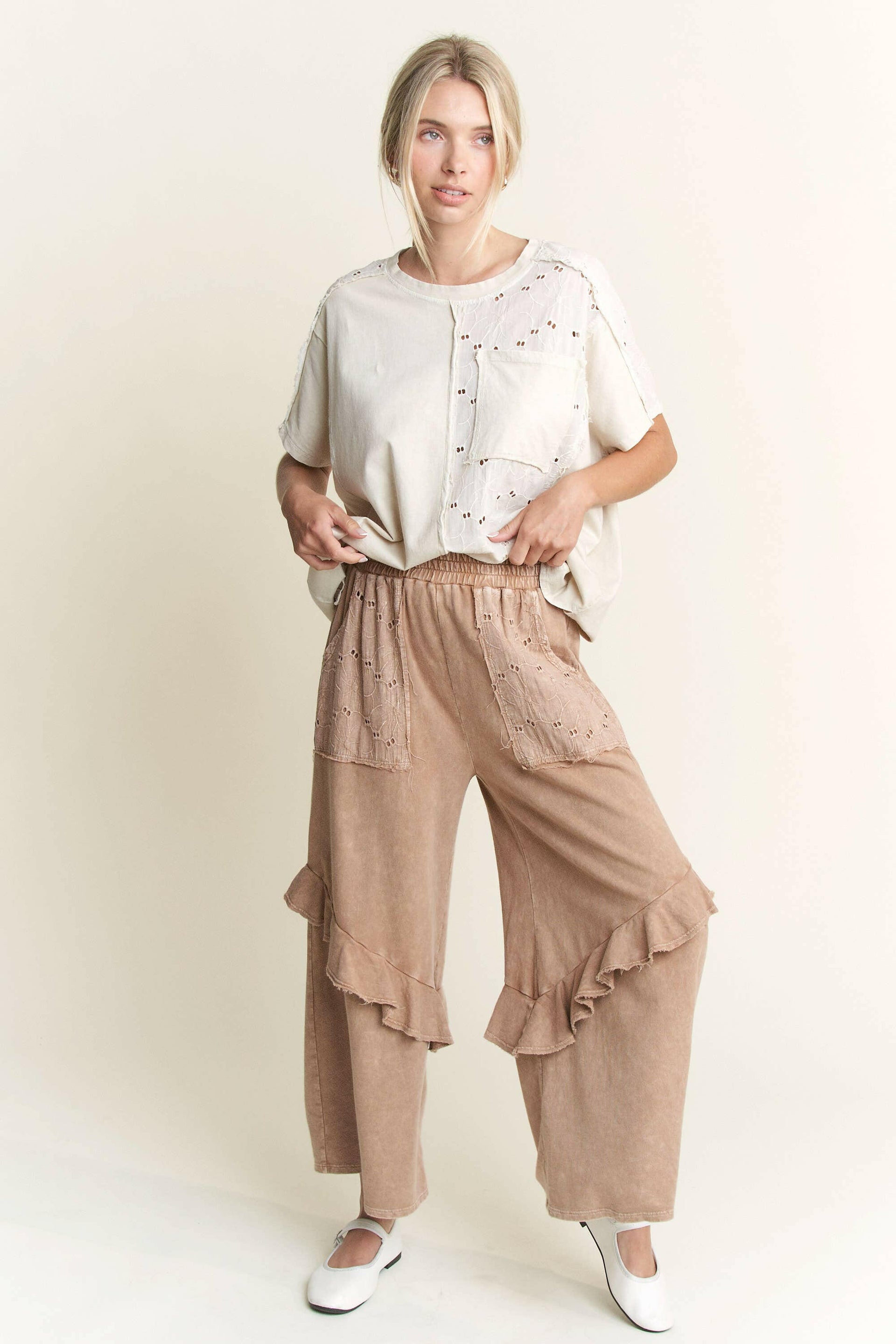 J.HER Mineral Wash Eyelet Pocket Ruffle Pants-Krush Kandy, Women's Online Fashion Boutique Located in Phoenix, Arizona (Scottsdale Area)