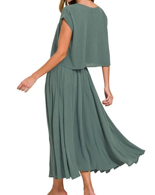 Woven Crinkle Gauze Crop Tee and Skirt Set-2 Piece Outfit Sets-Krush Kandy, Women's Online Fashion Boutique Located in Phoenix, Arizona (Scottsdale Area)